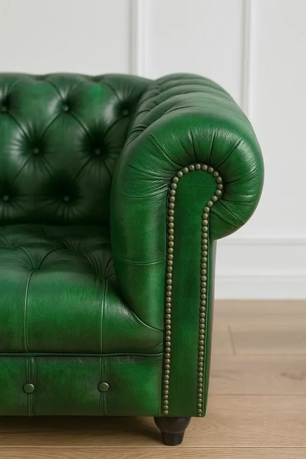Emerald Green Patinated English Tufted Leather 8ft Chesterfield Sofa - Image 6