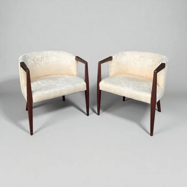Pair of Vintage Mid-Century Modern Barrel Armchairs -Cream Jacquard & Walnut - Image 3