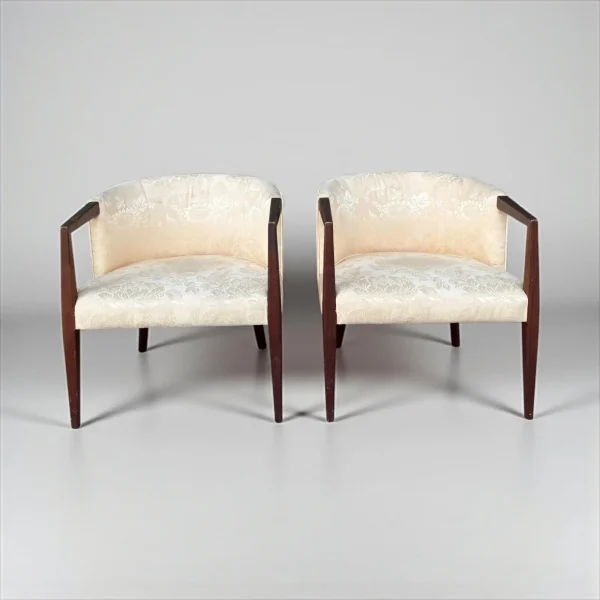 Pair of Vintage Mid-Century Modern Barrel Armchairs -Cream Jacquard & Walnut - Image 2