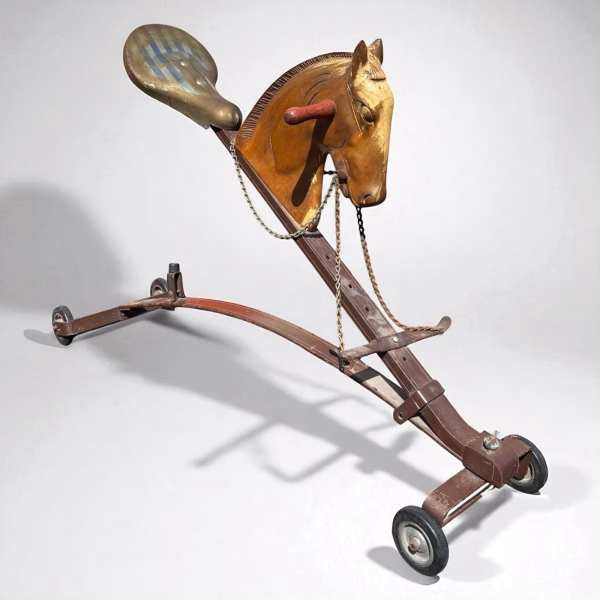 Antique Ride-On Horse Toy with Wooden Head and Metal Frame from the Mid 20th Century - Image 6