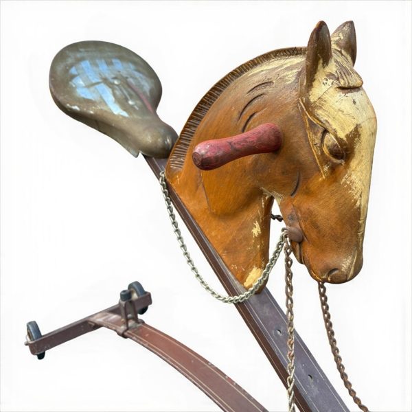 Antique Ride-On Horse Toy with Wooden Head and Metal Frame from the Mid 20th Century - Image 2