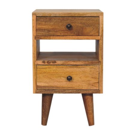 Petite Oak Bedside with Dual Drawers and Open Shelf
