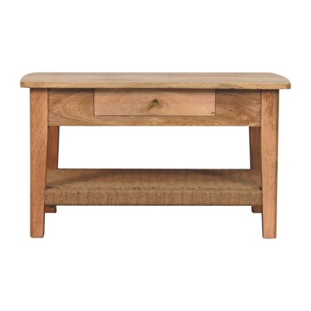Oak-Finish Solid Wood Coffee Table with Woven Shelf