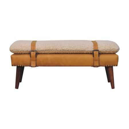 Bouclé and Tan Leather Bench