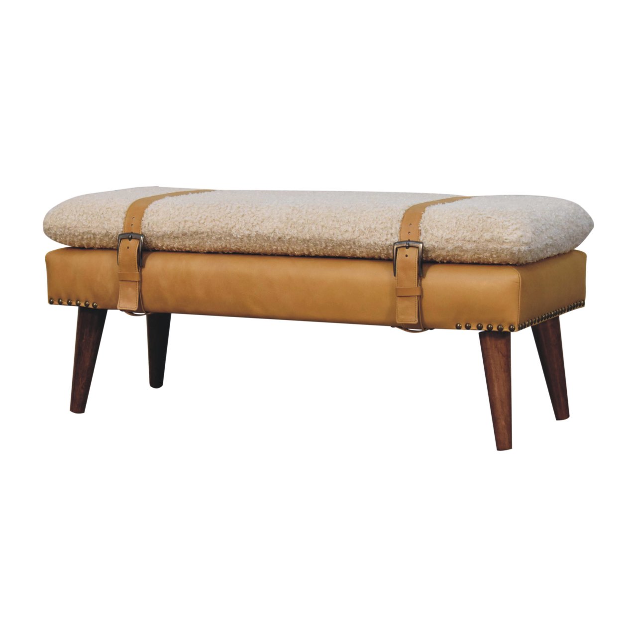 Bouclé and Tan Leather Bench - Image 2