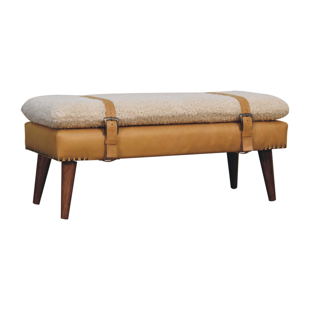 Bouclé and Tan Leather Bench - Image 3