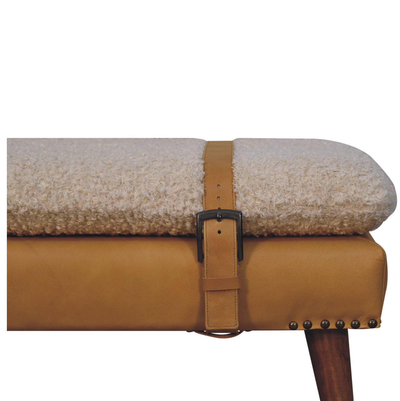 Bouclé and Tan Leather Bench - Image 4