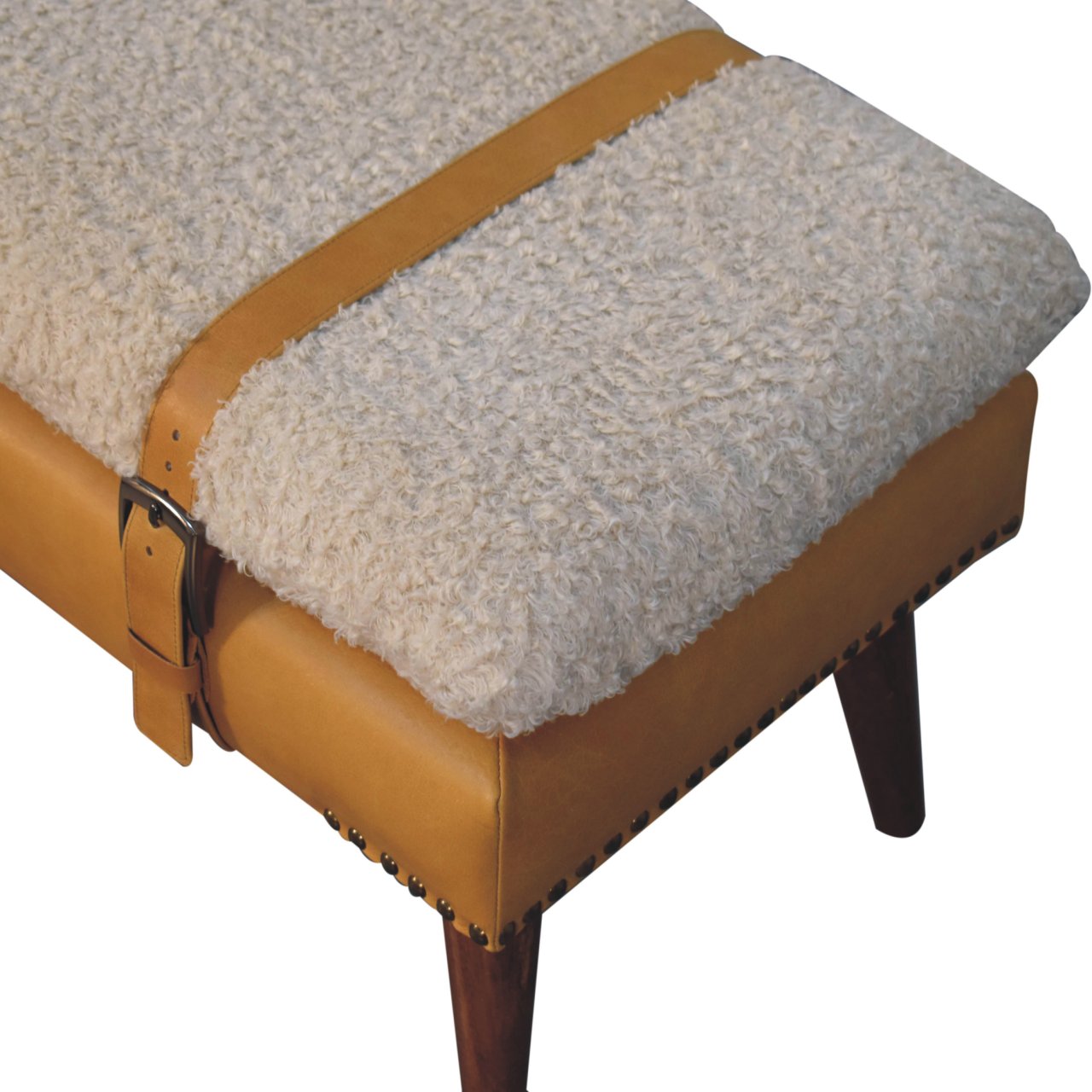Bouclé and Tan Leather Bench - Image 5