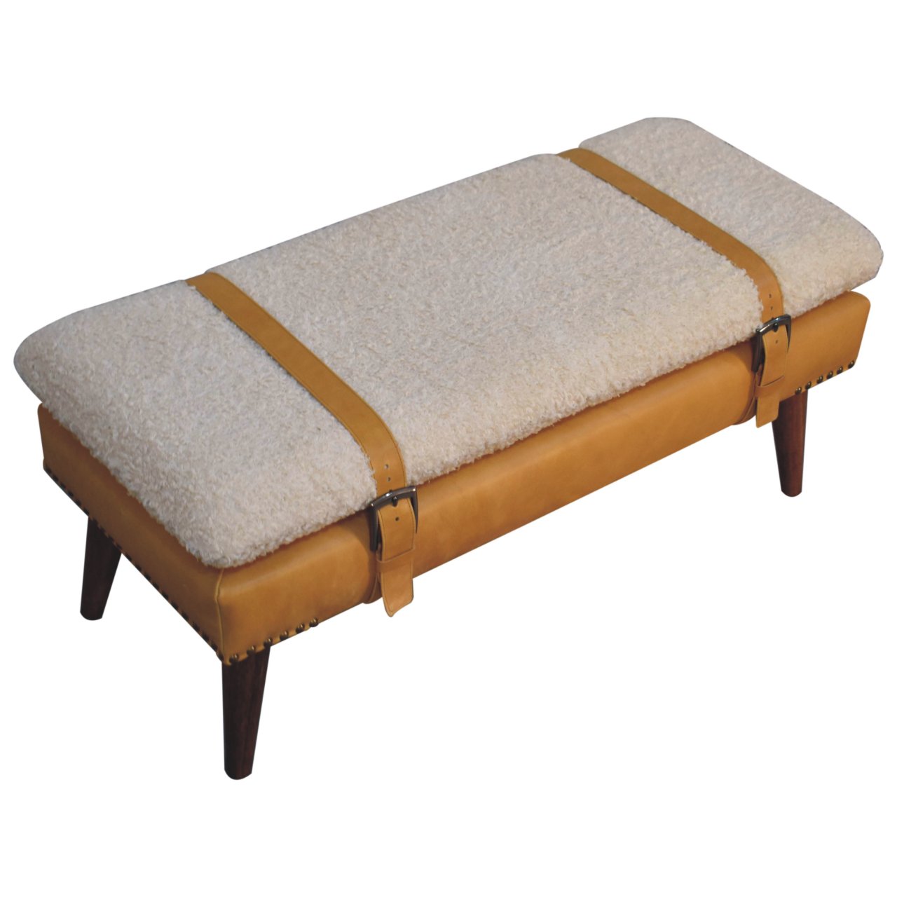 Bouclé and Tan Leather Bench - Image 6