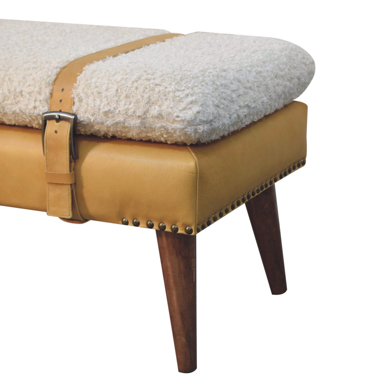 Bouclé and Tan Leather Bench - Image 7