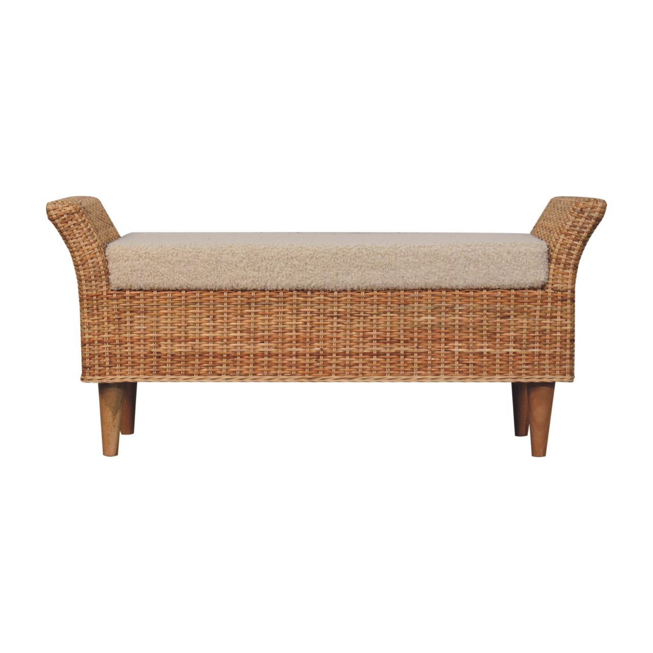 Rattan & Bouclé Upholstered Bench