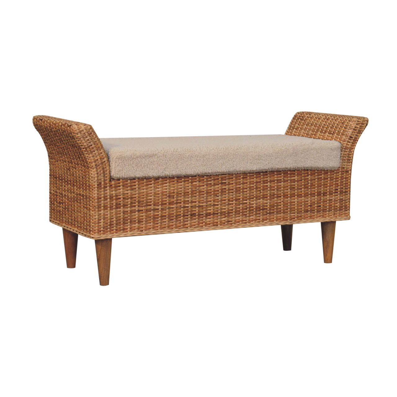 Rattan & Bouclé Upholstered Bench - Image 2
