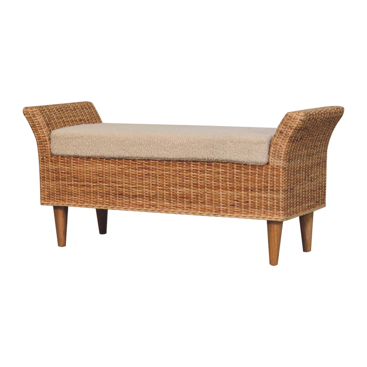 Rattan & Bouclé Upholstered Bench - Image 3