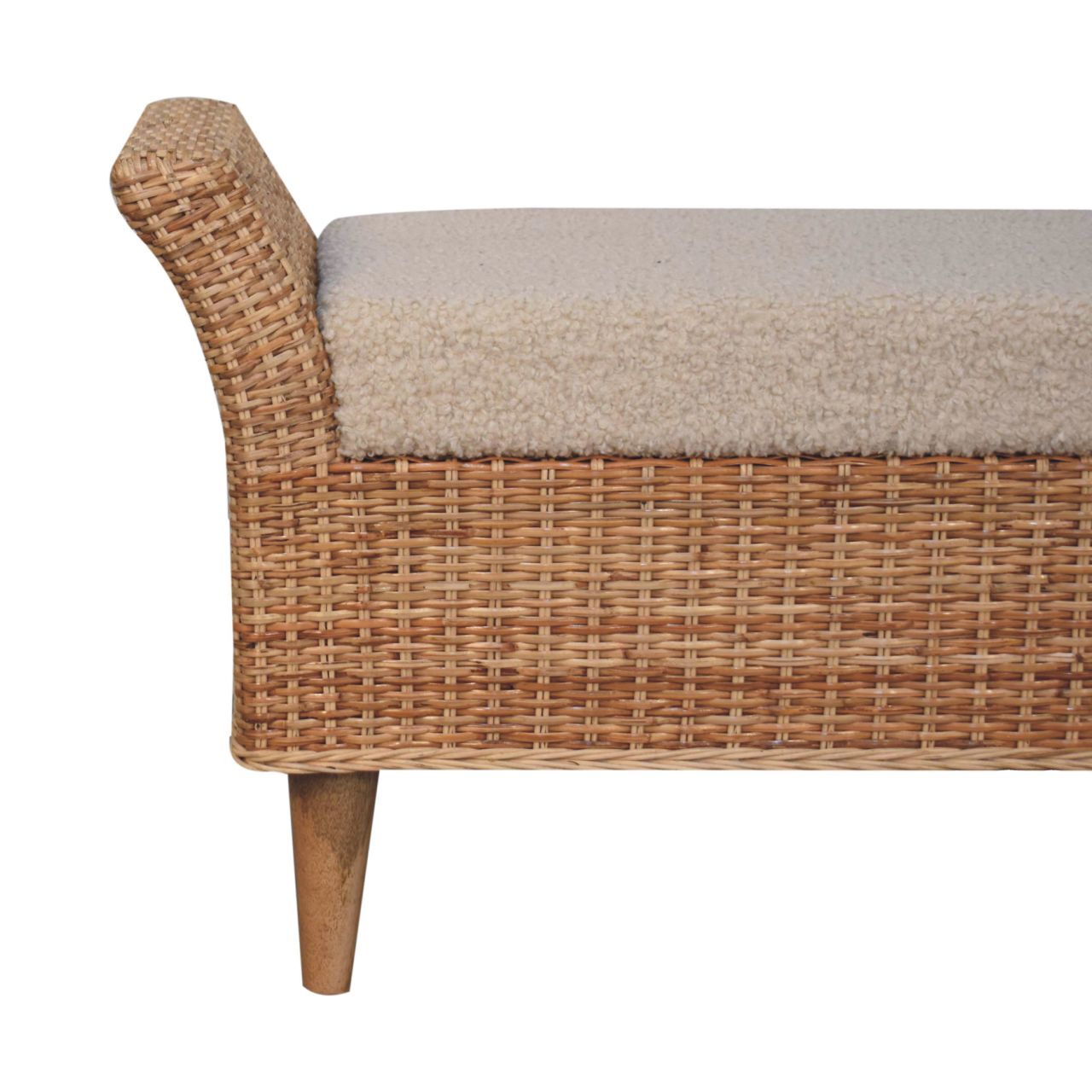 Rattan & Bouclé Upholstered Bench - Image 4