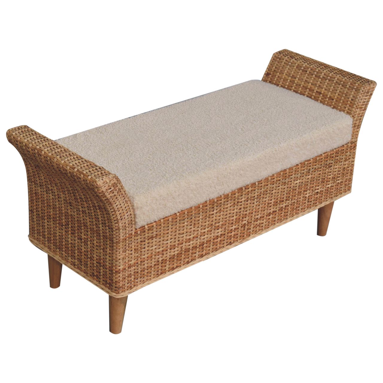 Rattan & Bouclé Upholstered Bench - Image 5