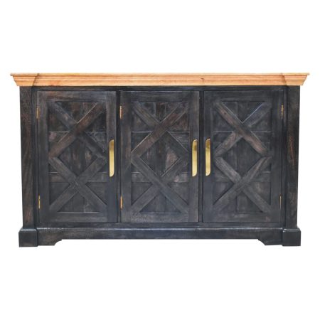 Black Rustic Solid Wood Buffet with Brass Handles