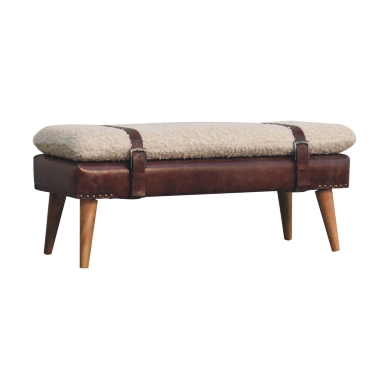 Boucle x Mahogany Leather Bench