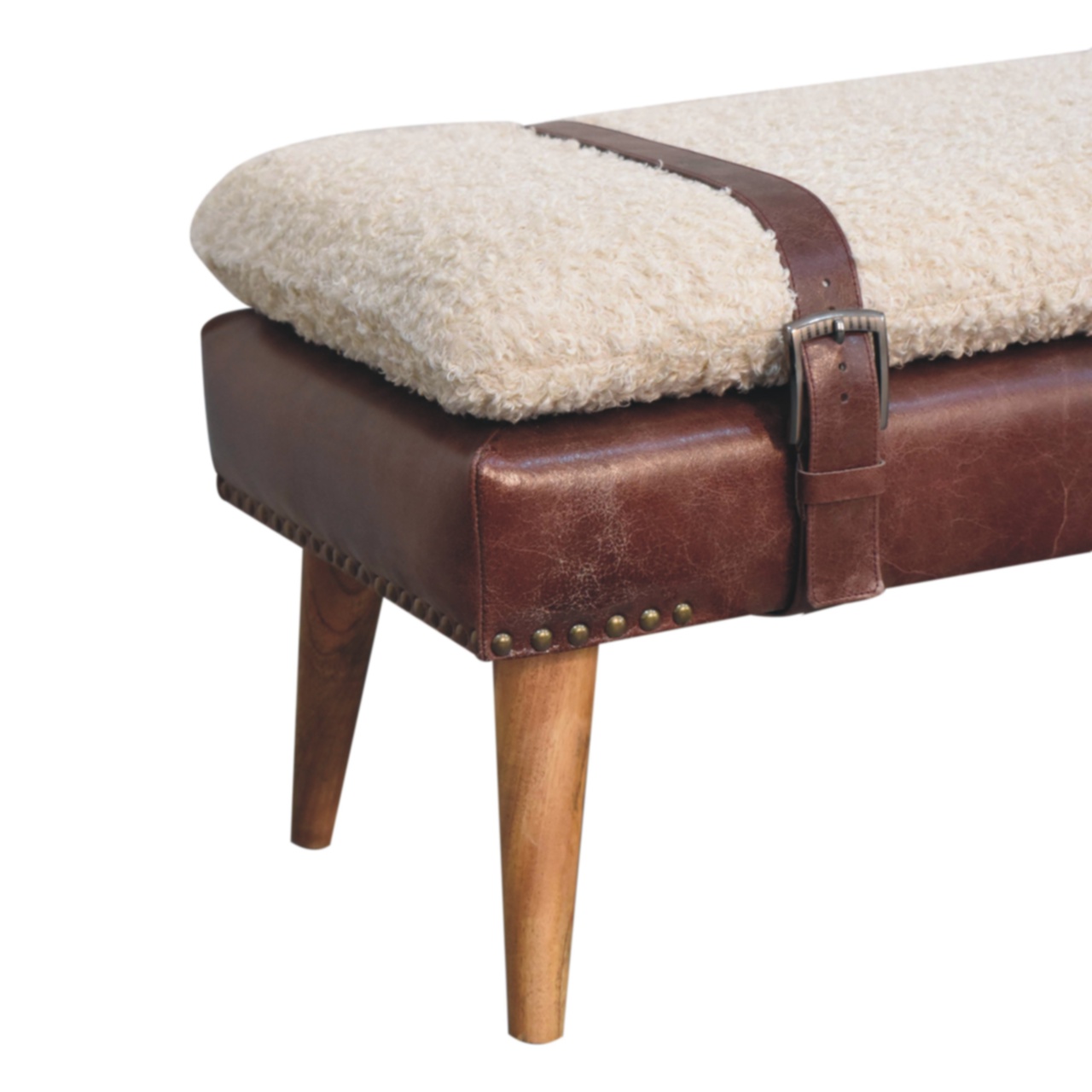Boucle x Mahogany Leather Bench - Image 6