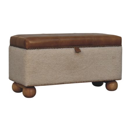 Bouclé and Leather Lid-Up Storage Ottoman