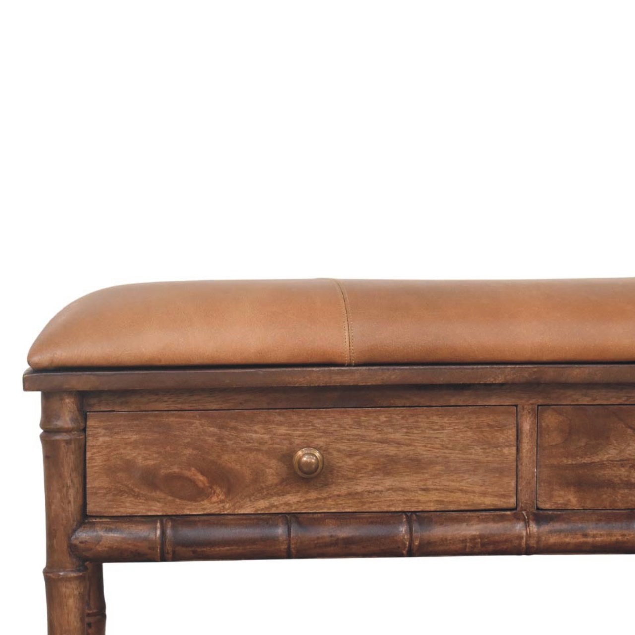 Bamboo Carved Storage Bench with Leather Seat - Image 3
