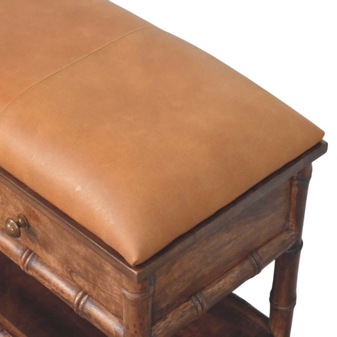 Bamboo Carved Storage Bench with Leather Seat - Image 4