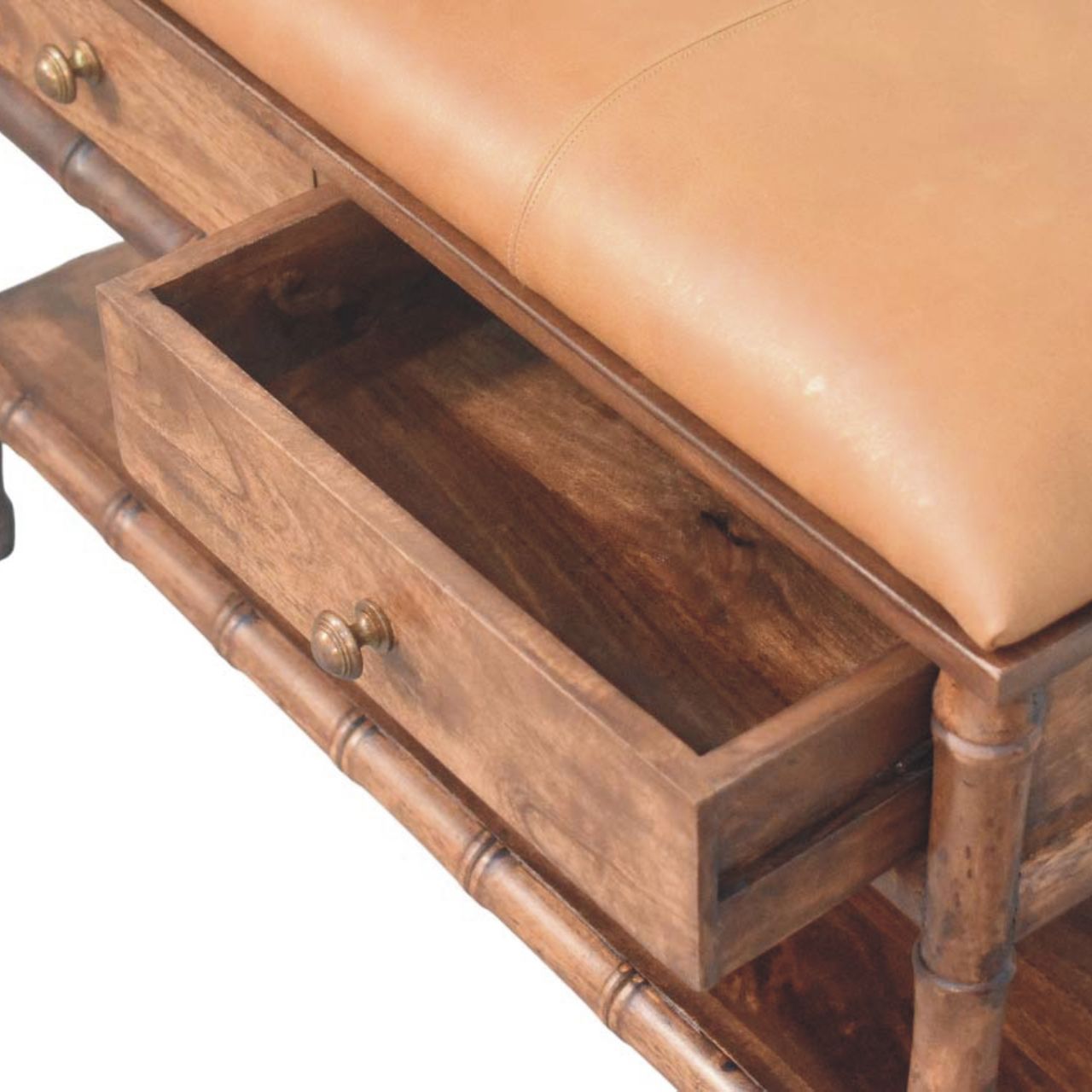 Bamboo Carved Storage Bench with Leather Seat - Image 5