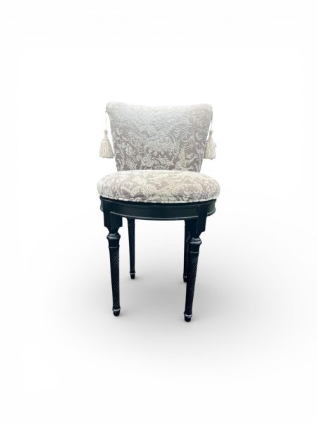 Custom Upholstered French Swivel Vanity Seat with Decorative Tassels