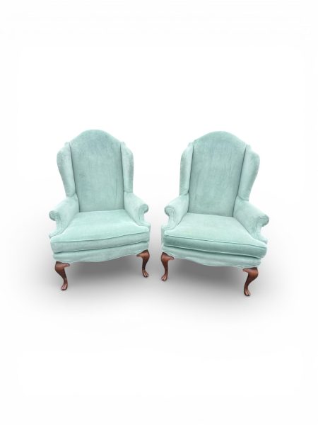 Pair of Vintage Wingback Light Blue Velvet Chairs