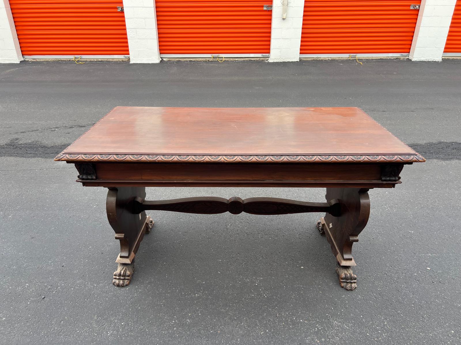 Antique 1920s Trestle Library Table Solid Wood - Image 6