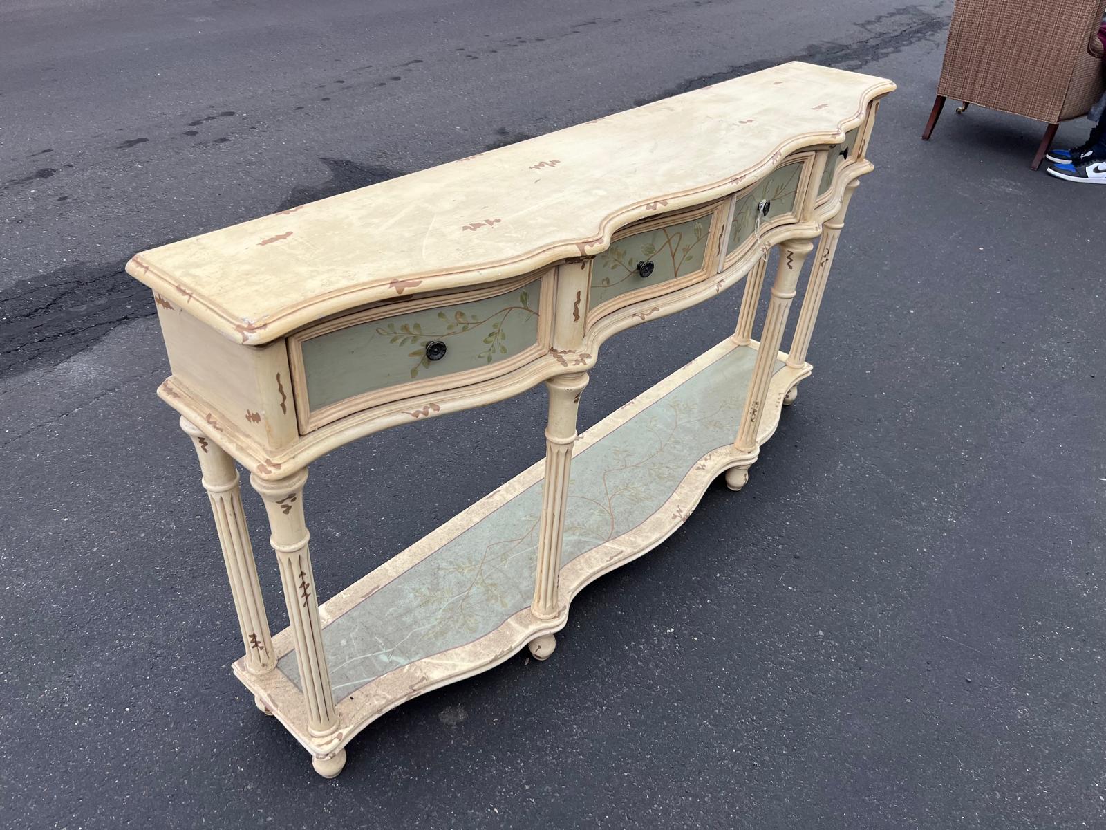 French Country Hand-Painted Console Table with Botanical Drawer - Image 4