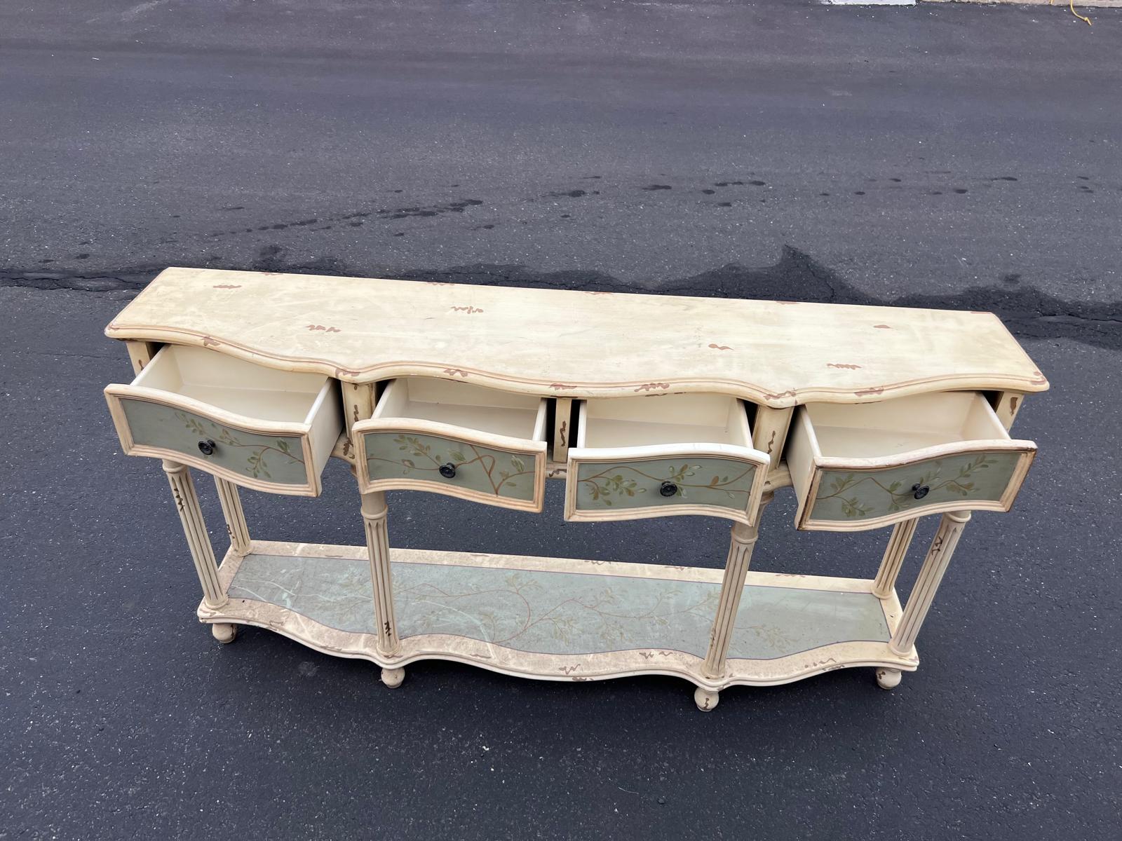French Country Hand-Painted Console Table with Botanical Drawer - Image 5