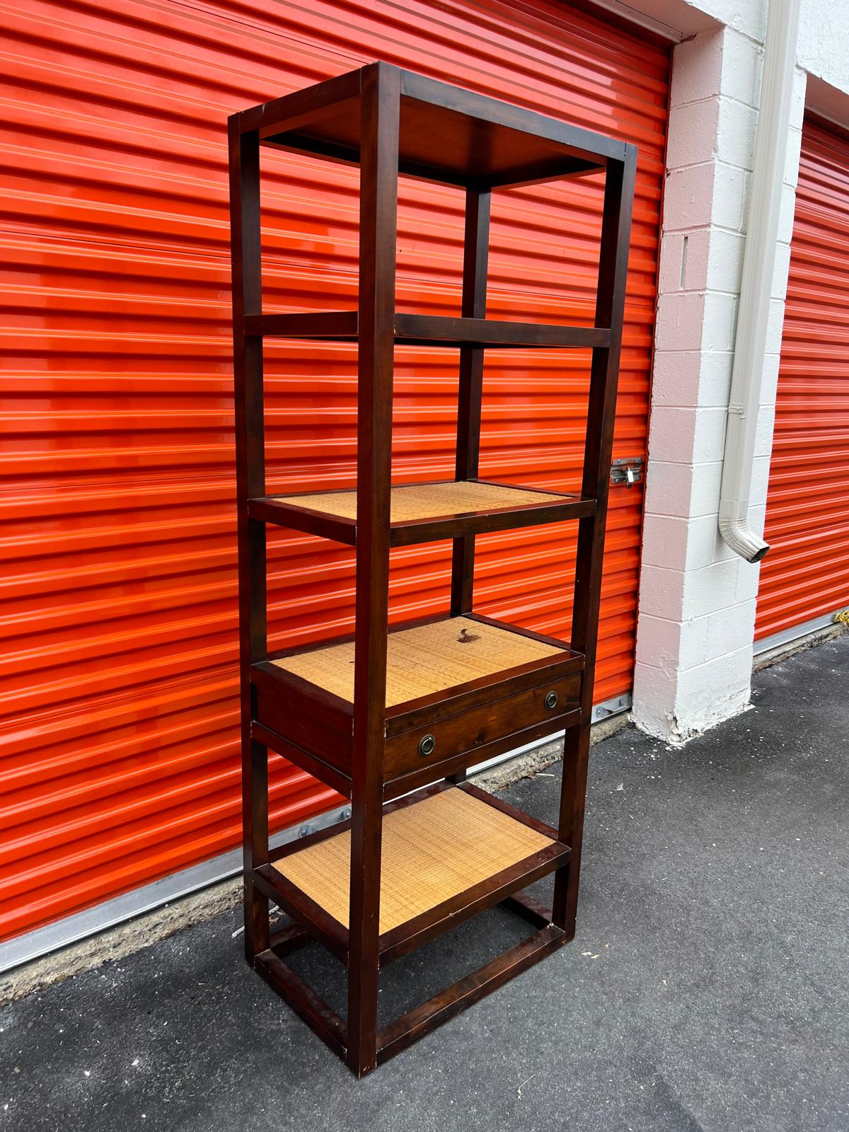 Vintage Dark Wood & Cane Open Shelving with Drawer - Image 7
