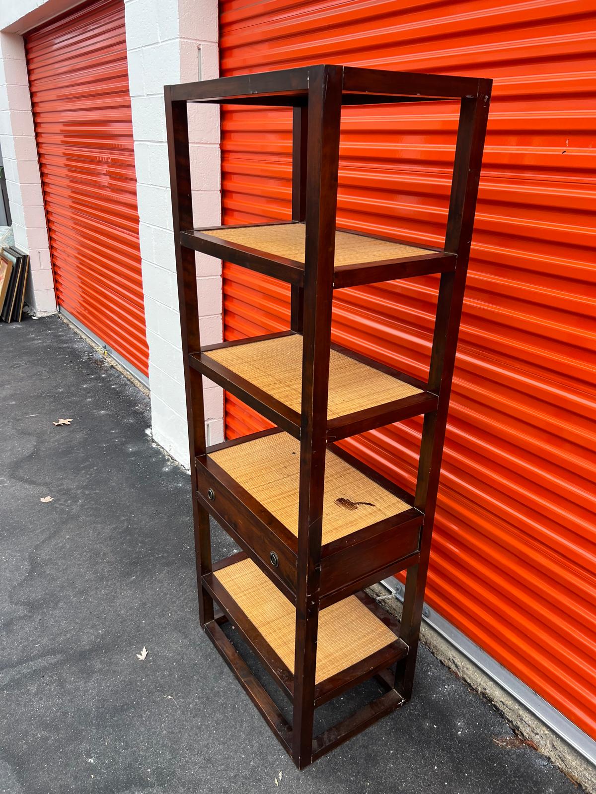 Vintage Dark Wood & Cane Open Shelving with Drawer - Image 6