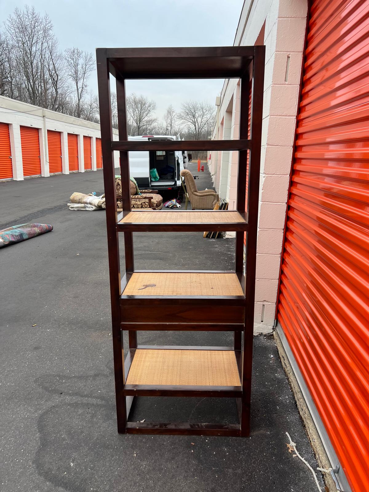 Vintage Dark Wood & Cane Open Shelving with Drawer - Image 4