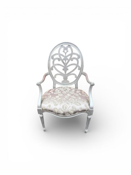 Carved Oval Back Hollywood Regency Style Accent Armchair in Soft Silver Finish