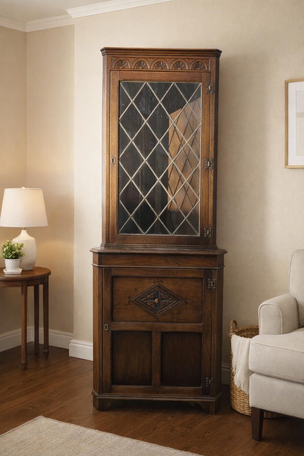 Oak Corner Cabinet with Diamond Leaded Glass in English Tudor Revival Style