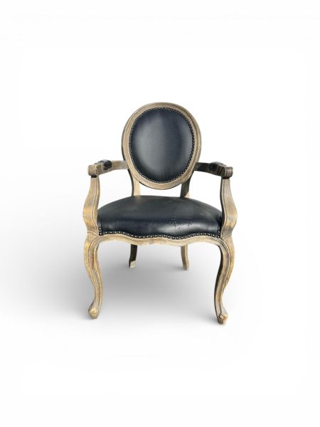 Black Leather Balloon-Back French Armchair