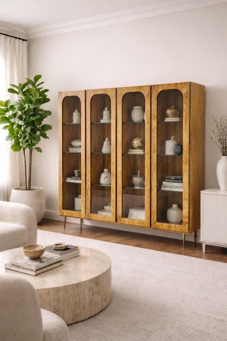 Vintage Mid-Century Burlwood Display Cabinet with Arched Glass Doors