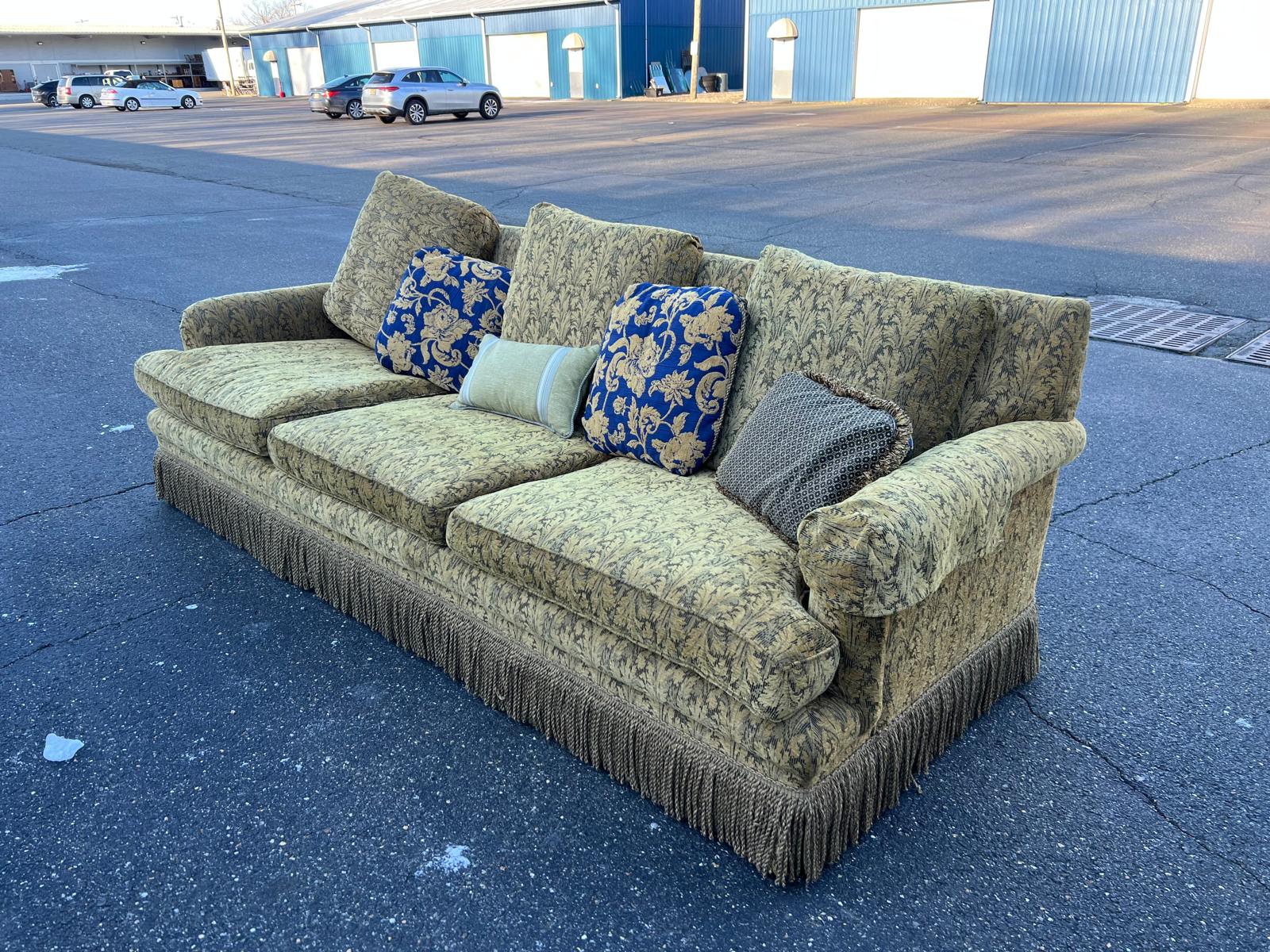 Vintage Custom Upholstered Traditional Rolled Arm Sofa with Decorative Pillows - Image 9