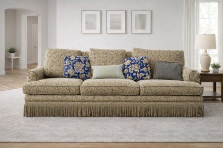 Vintage Custom Upholstered Traditional Rolled Arm Sofa with Decorative Pillows