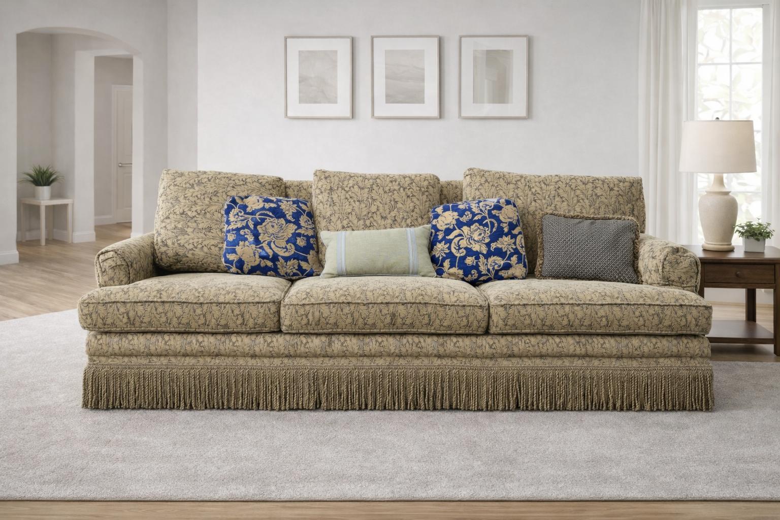 Vintage Custom Upholstered Traditional Rolled Arm Sofa with Decorative Pillows