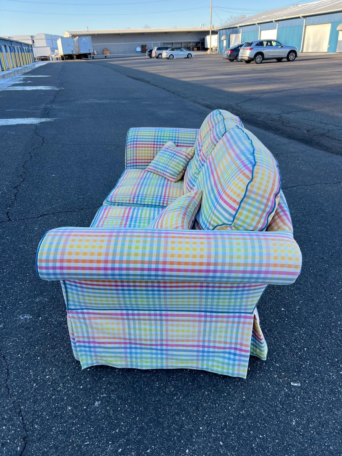 Colorful Tailored Custom Upholstered English Roll Arm Style Sofa - Image 4