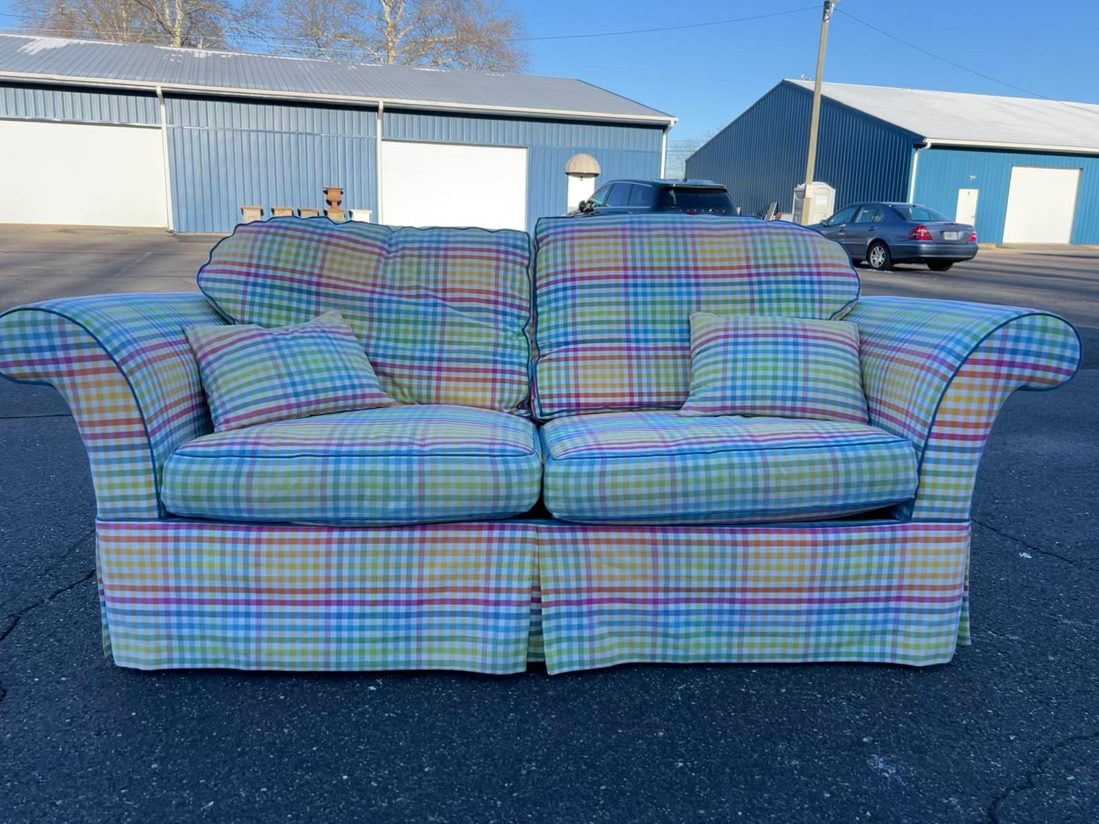 Colorful Tailored Custom Upholstered English Roll Arm Style Sofa - Image 7