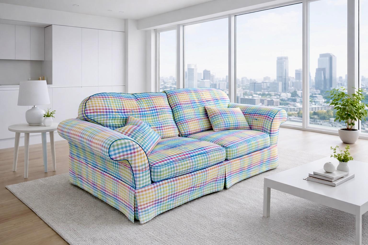 Colorful Tailored Custom Upholstered English Roll Arm Style Sofa