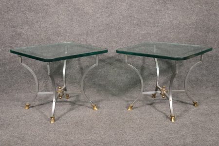 Mid Century Modern Pair of Maison Jansen Glass Top End Tables, Side Tables