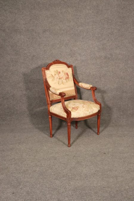 French Louis XVI Needlepoint Fauteuil Armchair in Walnut, circa 1890