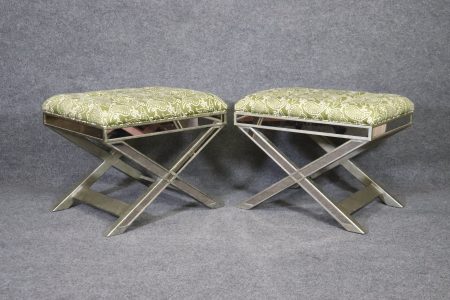 Pair of Upholstered Regency Style mirrored X Benches, Entryway Benches