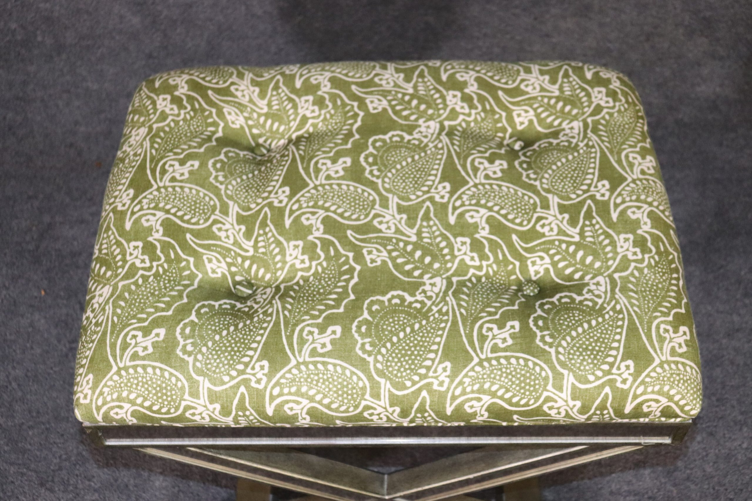 Pair of Upholstered Regency Style mirrored X Benches, Entryway Benches - Image 7