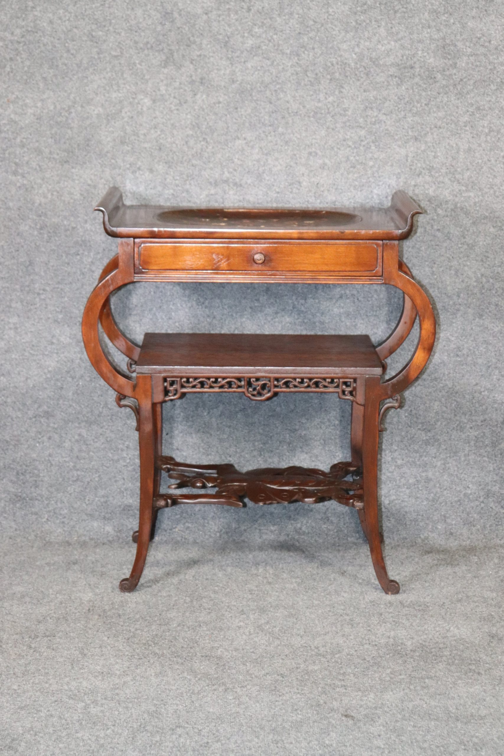 Carved French Oriental Style Two Tier End Table, Side Table - Image 2
