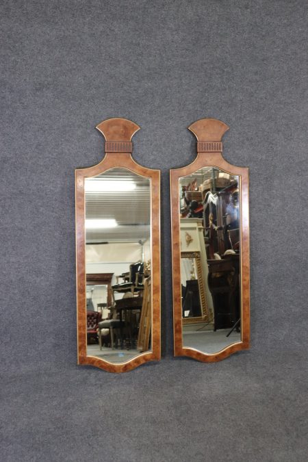 Pair of Mid Century Modern Italian Burled Walnut and Gilt Wall Hanging Mirrors